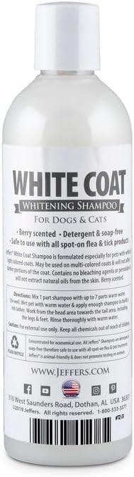 Jeffers Pet White Coat Whitening Shampoo for Dogs & Cats 17 oz – Concentrated Coconut Based Soap Free Grooming Shampoo, Berry Scent Conditioning Coat Care Formula, White & Light Coat Essentials
