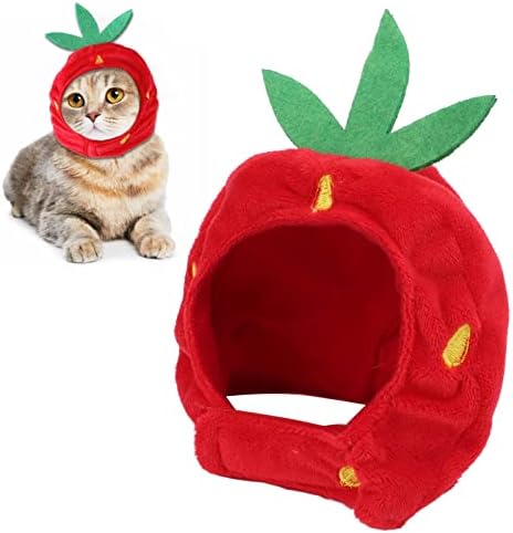 Cat Dog Strawberry Hat, Plush Material Adjustable Comfortable Pet Costume Decoration Headgear for Daily Wear Birthday Party