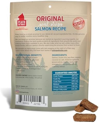 PLATO Pet Treats Real Strips - Air-Dried Meat Bars for Dogs - Delicious, Limited Ingredient Dog Treats - Grain Free Dog Treats - Original Real Strips Salmon 18oz - 2 Pack