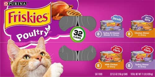 Friskies Purina Gravy Wet Cat Food Variety Pack, Poultry Shreds, Meaty Bits and Prime Filets - (Pack of 64) 5.5 oz. Cans