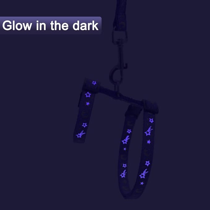 Cat Harness and Leash Set for Outdoor Walking Escape Proof Adjustable Soft Safety Strap with Golden Star and Moon Design Glow in The Dark Purple XL