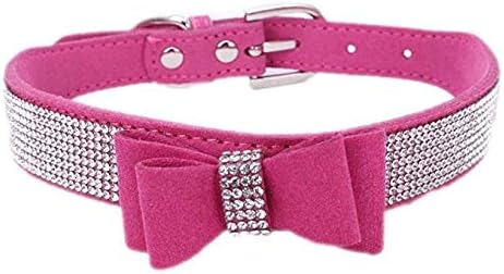 Cute Dazzling Sparkling Elegant Fancy Soft Suede Leather Bling Rhinestone Crystal Jeweled Pet Cat Dog Puppy Collar Dog Leash Combo Set (XS, Hot Pink-1)