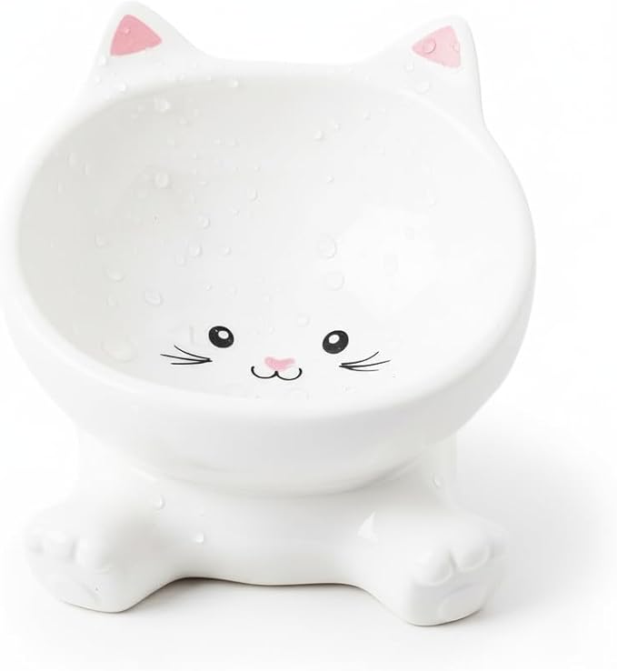Elevated Cat Bowls, 4.9 Inch Ceramic 3D Raised Cat Food Bowl for Whisker Fatigue, Slanted Cute Kitten Food Bowl & Porcelain Water Dish 4.5 OZ, Anti-Vomiting, Protects Pet’s Spine, 1 Piece