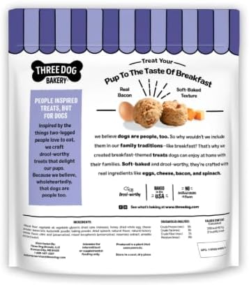 New ~Th~Ree Dog Bakery Quiche Bites Dog Treats, Soft Baked, Egg, Bacon, Cheese and Spinach Flavored, 25 oz