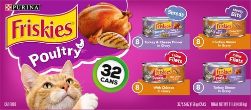 Friskies Purina Gravy Wet Cat Food Variety Pack, Poultry Shreds, Meaty Bits and Prime Filets - (Pack of 64) 5.5 oz. Cans