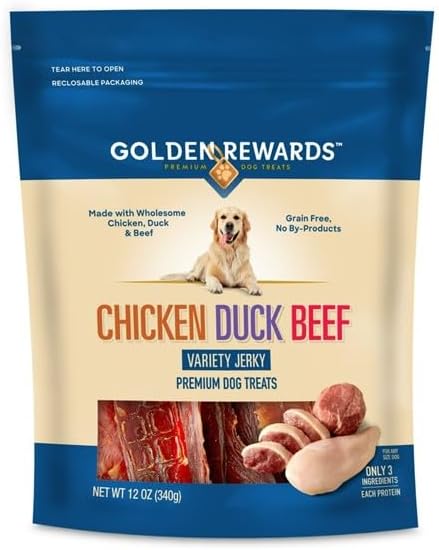 Golden|Rewards Premium High-Protein Dog Treats – Chicken, Duck & Beef Jerky Variety – Single Ingredient, Grain-Free – 12 oz Bag