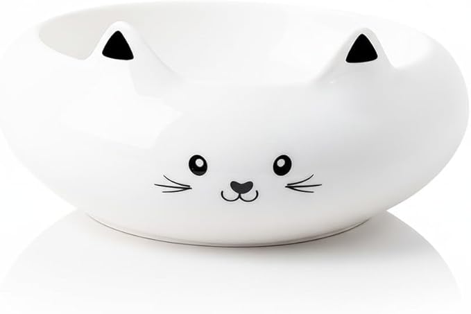 Cat Bowls, Cat Food Bowl with Ears, Ceramic Cute Kitten Water Bowl 7.1oz, Slanted Kitten Feeding Dish 6.5 inch, Whisker Fatigue Friendly, Adorable and Multi-Use Gift for Girls