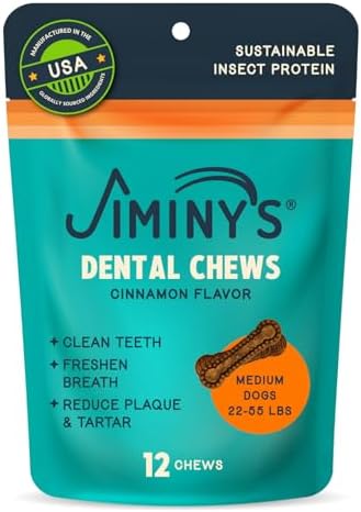 Jiminy's Dental Chews for Dogs, Cinnamon Flavor, Scientifically Proven to Improve Oral Health, Dental Bones Clean Teeth, Fight Bad Breath, and Removes Plaque and Tartar, Medium, 12ct (Pack of 6)