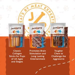 Jack&Pup 6" Beef Collagen Sticks | Rawhide Free, Long Lasting Dog Chews | Healthy Single Ingredient Treats for Medium Dogs | Bully Stick Alternative (10 Pack)