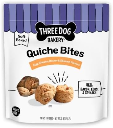 New ~Th~Ree Dog Bakery Quiche Bites Dog Treats, Soft Baked, Egg, Bacon, Cheese and Spinach Flavored, 25 oz