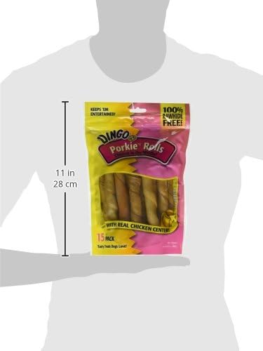 Dingo Porkie Rolls 15 Count, Pork Hide Chews for Dogs, Made with Real Chicken
