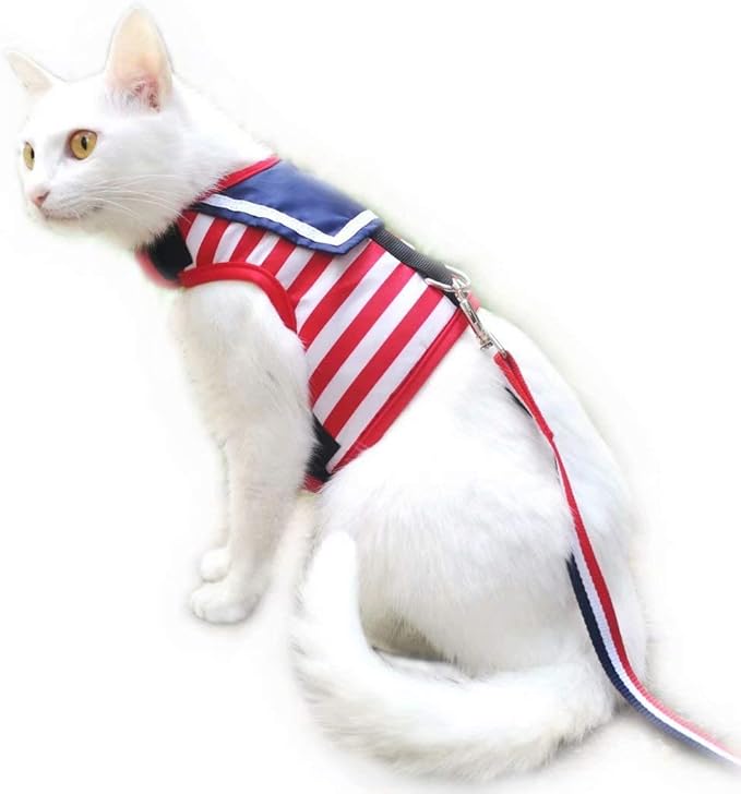 Cat Harness and Leash for Walking Escape Proof, Adjustable Cat Vest Harness, Padded Stylish Cat Walking Jackets, Sailor Suit Red, Extra Large