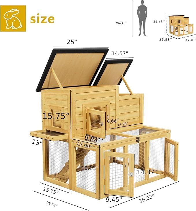 Outdoor Rabbit Hutch for 2-4 Chickens Wooden with Waterproof Asphalt Roof, Ramp, Openable Top Pull-Out Tray Suitable for Suitable for Indoor and Outdoor Use. (Yellow Black)