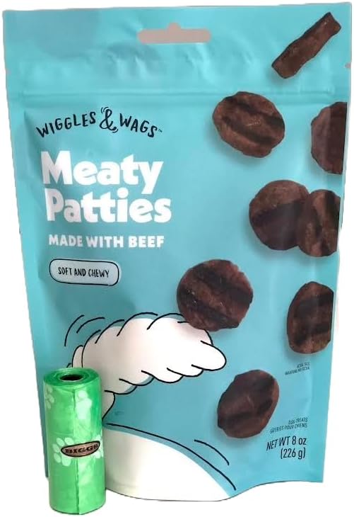 Meaty Patties Made with Beef Soft and Chewy Dog Treats. Plus Biggs Dog Waste Roll. 1-Net WT 8 OZ (226g) Bag.