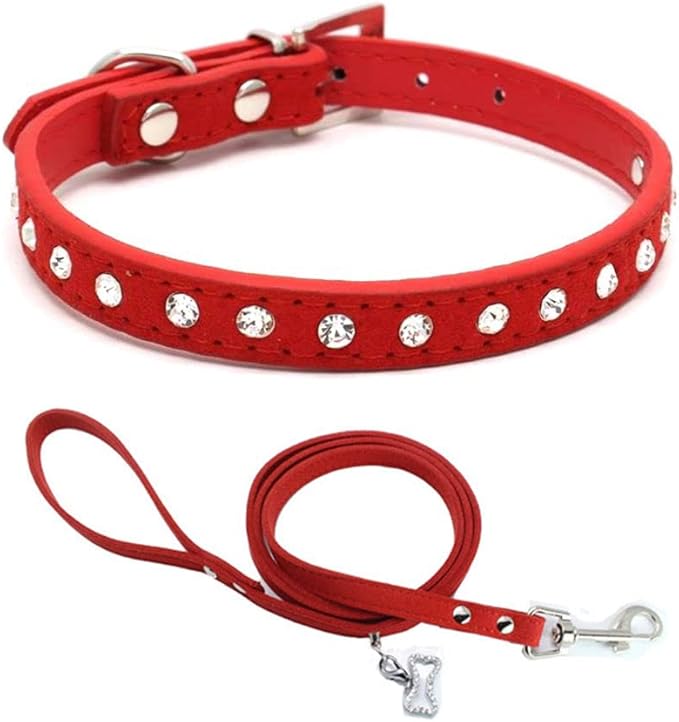 Puppy Collar and Leash with Bling Diamond, Pretty Crystal Sparkly Rhinestone Glitter Jewel Girls Cat Collars for XXS Xs Small Medium Pet Female Dogs Boys Kitten, Red XSmall