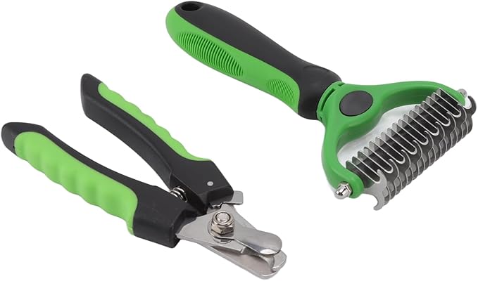 Undercoat Rake and Nail Clipper Grooming Kit, Double Sided Deshedding Brush for Dog Cat Rabbit, Ergonomic Handle, Stainless Steel Material, Safe Rounded Edges