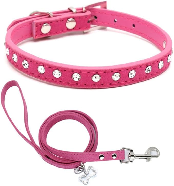 Puppy Collar and Leash with Bling Diamond, Pretty Crystal Sparkly Rhinestone Glitter Jewel Girls Cat Collars for XXS Xs Small Medium Pet Female Dogs Boys Kitten, Hot Pink XXSmall