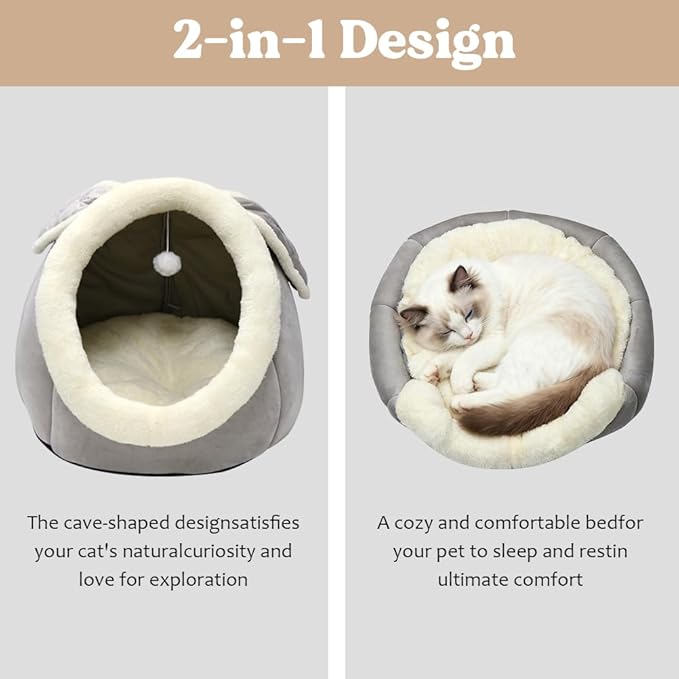 Lcybem Cat Beds for Indoor Cats - Rabbit-Shaped Cat Cave Bed with Hanging Toy,Super Soft Calming Pet Bed for Kitten,Small Dog,Warm Plush&Machine Washable&Removable Cotton Pad,cat Hideaway