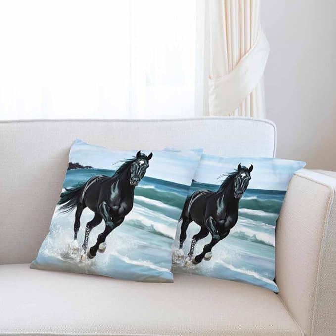 Pillowcase Freedom Black Arabian Horse Through Splashes of Water Seaside Set of 2 Square,Throw Pillow Covers Decorative for Couch and Bed for Boy Girl 18X18 Inches