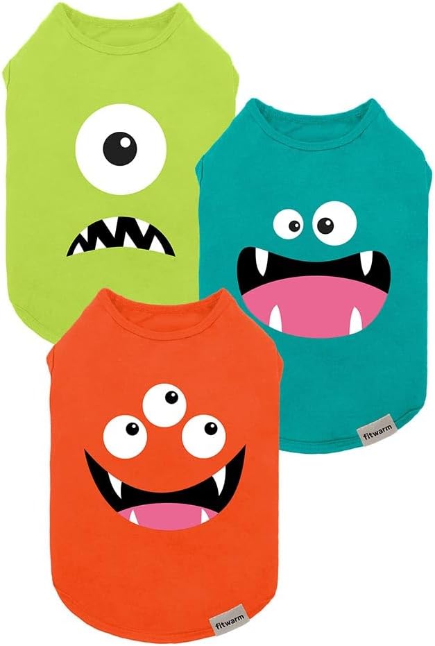 Fitwarm 3 Pack Monster Dog Shirt, Lightweight Funny Dog Tshirt, Summer Clothes for Small Dogs Boy Girl, Pet Outfit, Orange, Green, Teal, Medium