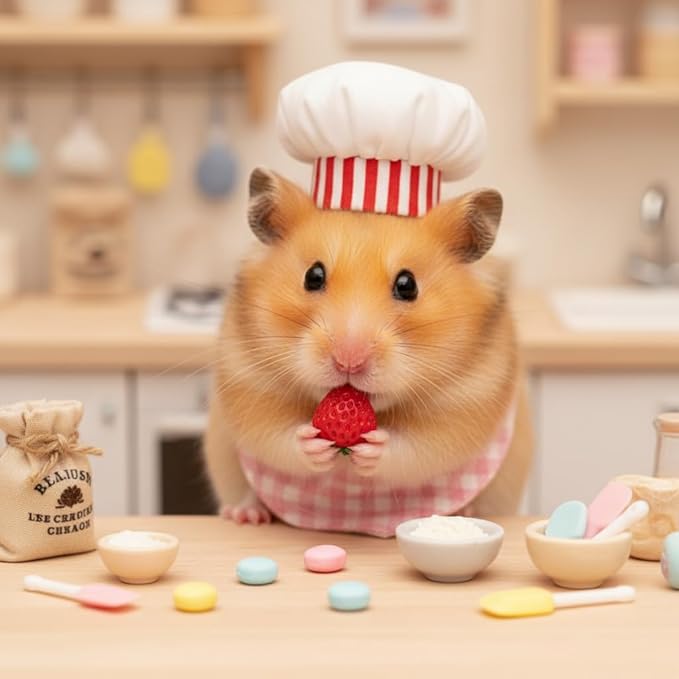 4 Pcs Hamster Chef Hat and Bib Set - Cute Small Animal Chef Costume Accessories for Hamsters Guinea Pigs, Mini Pet Chef Hats with Gingham Bibs for Dress Up & Photo Props