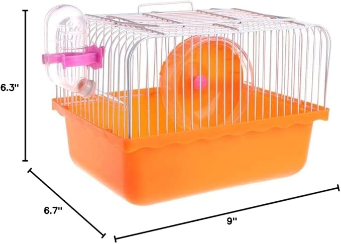 Small Pet Hamster Cage with Running Wheel Water Bottle Food Basin Portable Carrier House Mice Home Habitat for Going Out, Traveling (Orange)