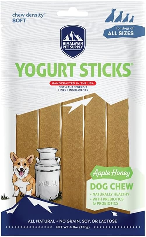 Himalayan Pet Supply Yogurt Sticks Dog Treats in 3 Flavors with Honey: 1 Strawberry, 1 Cranberry & 1 Apple Flavor (3 Bags Total, 5 Sticks/Bag, 4.8 Oz Bags) Plus Shaynanigans Lid