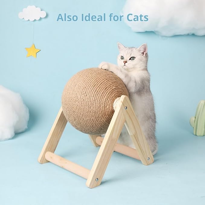 Rabbit Scratcher Toy with Rotating Sisal Ball, Solid Wood Support & Play Base for Small Pets