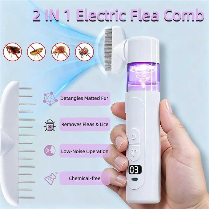 2 in 1 Pet Combs,Electric Pet Flea Comb - Rechargeable Detangling Brush & Lice Comb for Dogs, Cats, Rabbits Removes Fleas, Lice & Loose Hair from Long & Short Haired Pets