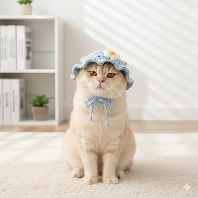 Cute Cat Hat with Flower Design - Soft Knitted Pet Costume for Small & Medium Cats | Lightweight Polyester, Adorable Styling for Photoshoots, Birthday & Daily Dress Up (Light Blue)