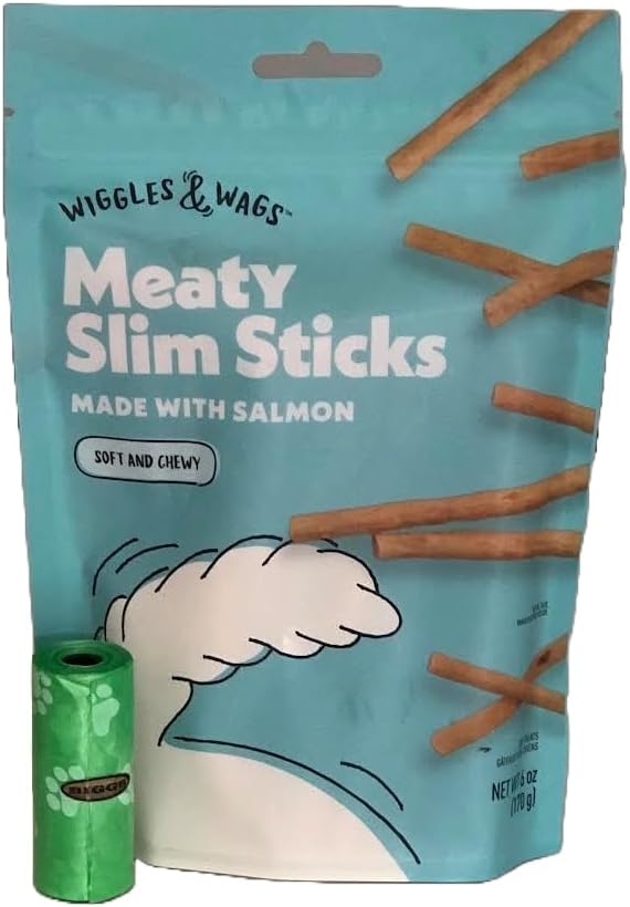 Wiggles & Wags Meaty Slim Sticks Made with Salmon Dog Treats. One Six Ounce Bag. One Biggs Dog Waste Roll.