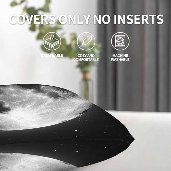 Decor Throw Pillow Case Full Moon Bright with Stars in Black Universe Set of 2 Cushion Covers 18X18 Inch for Women Men for Couch Bedroom Living