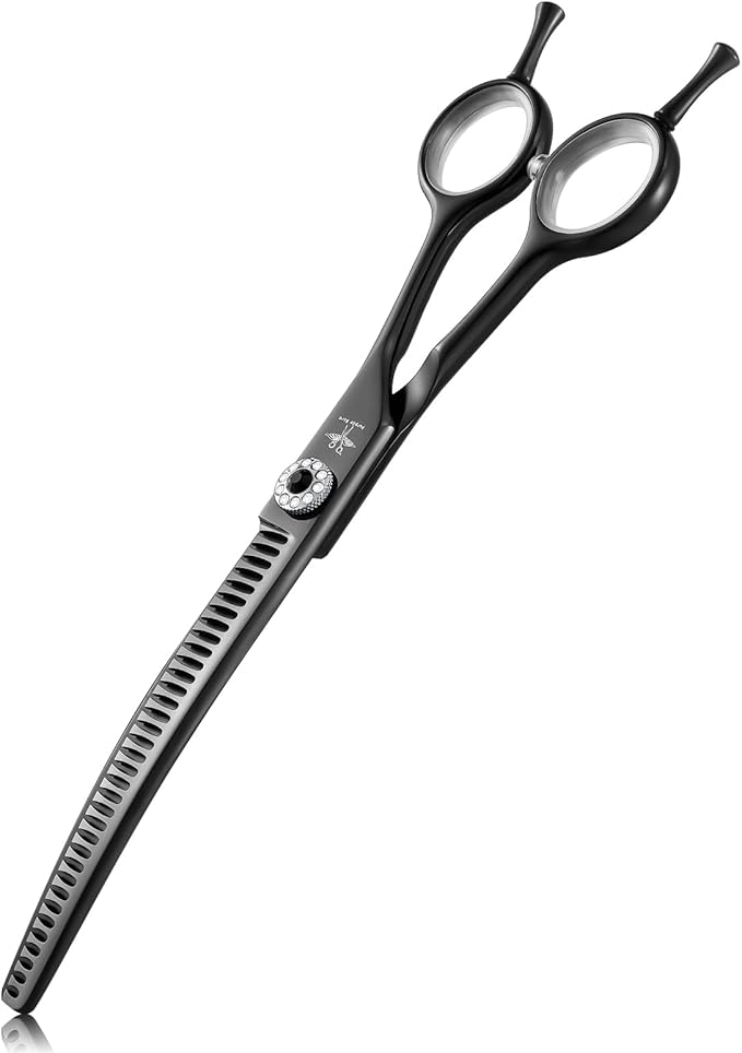 PURPLEBIRD Curved Shears Dog Grooming Chunkers, 7 inch Professional Thinning Scissors Safety Blunt Tip Trimming Scissors for Dogs Cats Face Paws Limbs Japanese Stainless Steel (Black)
