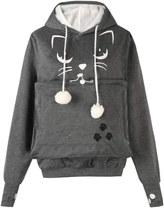 ALYC Unisex Hoodies Pet Holder Cat Dog Kangaroo Pouch Carries Pullover with Cat Printing Sweatshirt (Dark Grey, L)