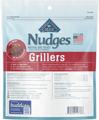 Blue Buffalo Nudges Grillers Natural Dog Treats, Made in the USA with Real Steak, 16-oz Bag (Pack of 5)