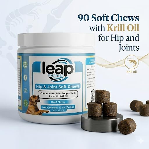 Dogs Suplements Hip & Joint - Krill Oil and Glucosamine Soft Chews, Joint Supplement for Dogs with Krill Oil,Glucosamine, Chondroitin, MSM, Turmeric, Anti Inflammatory, Mobility (Beef 90ct)