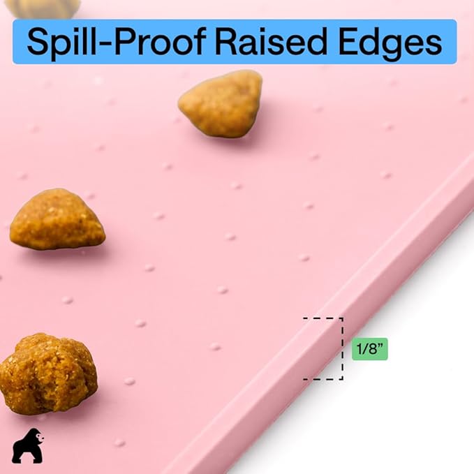 GORILLA GRIP 100% Waterproof Raised Edge BPA Free Silicone Pet Feeding Mat, Dog Cat Food Mats Contain Spills Protects Floors, Placemats for Cats and Dogs Water Bowl, Pets Accessories 28x18 Pink