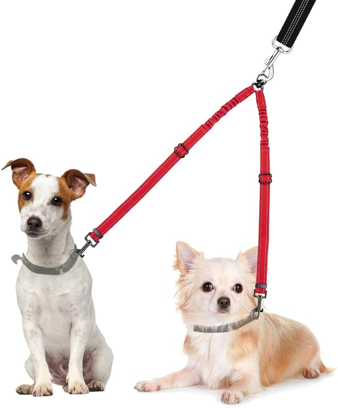 AUTOWT Double Dog Leash, No Tangle 360° Swivel Rotation Reflective Lead Attachment Adjustable Length Dual Two Dog Lead Splitter, Comfortable Shock Absorbing Walking Training for 2 Dogs Red