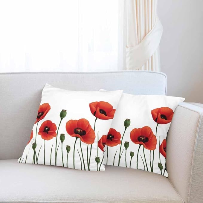 Throw Pillow Covers Red Poppies Field and Green Bud Watercolor Soft Square Pillowcase,Cushion Case for Couch Sofa Bed Bedroom Car Living Room 18X18 Inch Pack of 2