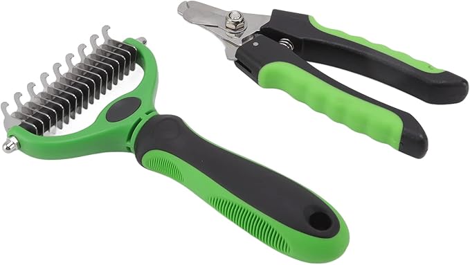 Undercoat Rake and Nail Clipper Grooming Kit, Double Sided Deshedding Brush for Dog Cat Rabbit, Ergonomic Handle, Stainless Steel Material, Safe Rounded Edges