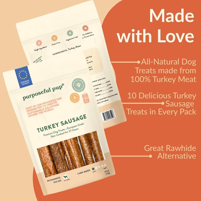 Turkey Sausage Dog Treats, 10 Pack – All Natural, Single Ingredient, Grain-Free Chews for Dogs | Premium European Quality | High-Protein, Air-Dried, Healthy Snack