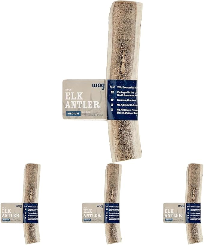 WAG Split Elk Antler, Medium, for Dogs | Naturally Shed | 15-30 lbs | Pack of 4