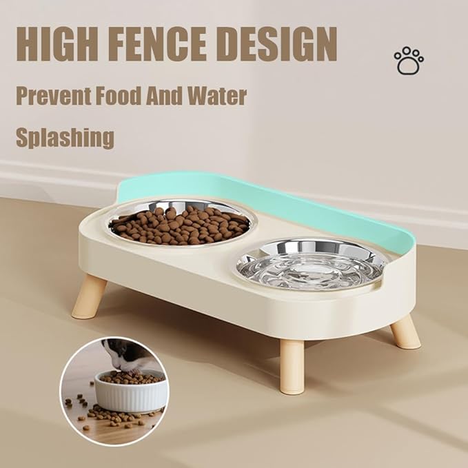 Elevated Cat Bowls, 2 Stainless Steel Raised Cat Food and Water Bowl Set, Splash Proof & Non-Slip, Whisker Fatigue Friendly, Dishwasher Safe for Cats and Small Dogs - White