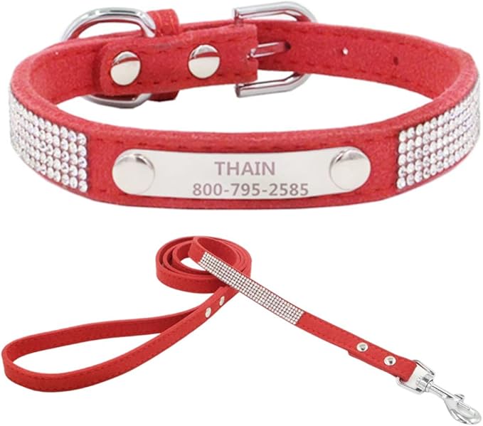 THAIN Rhinestones Personalized Dog Cat Collar and Leash Combo Set Bling Diamond with Engraved Stainless Steel Nameplate for Small Medium Large Dogs (L, Red Set)