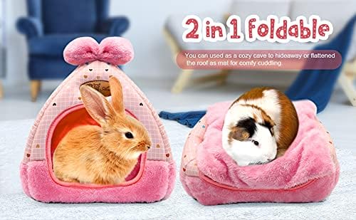 YUEPET Bunny Bed Warm Guinea Pig Cave Beds Cute Bowknot House Big Hideouts Cage Accessorie for Dwarf Rabbits Hamster Bunny Ferrets Rats Hedgehogs Chinchilla (Pink Grid)