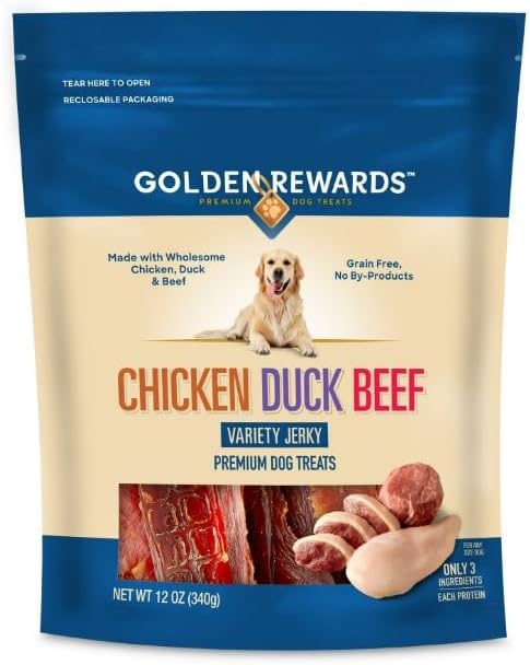 Golden- Rewards Chicken, Duck and Beef Premium Variety Dry -Jerky Treats for Dogs, Chicken, Duck and Beef Recipe -12 oz Bag (1 Pack)