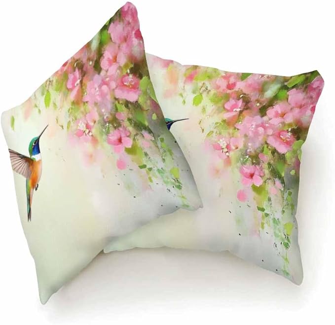Pillow Covers Flying Hummingbird and Pink Flowers Oil Painting 18X18 Inch,Throw Pillow Covers Decor for Couch Bedroom Living for Men Women Pack of 2