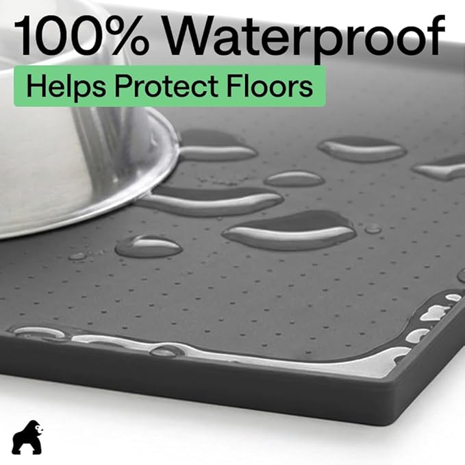 GORILLA GRIP 100% Waterproof Raised Edge BPA Free Silicone Pet Feeding Mat, Dog Cat Food Mats Contain Spills Protects Floors, Placemats for Cats and Dogs Water Bowl, Pets Accessories 16x10, Charcoal