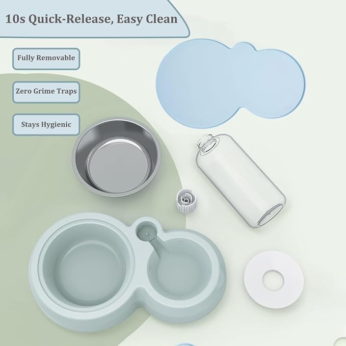 Double Dog Cat Bowls, Pets Food and Water Bowl Set with Automatic Water Dispenser and Stainless Steel Bowl Silicone Dog Bowl Mat, Gravity Feeder for Cats and Small Dogs Puppies (Grey)