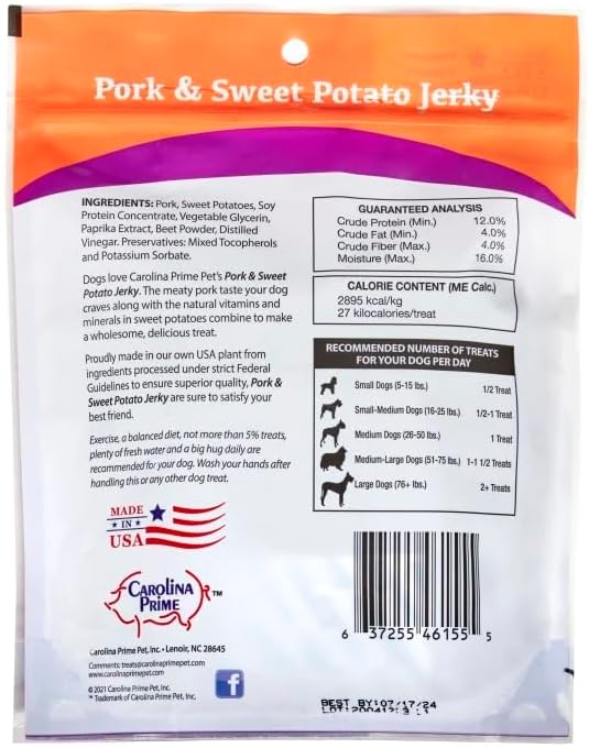 Carolina Prime Pork & Sweet Potato Jerky Dog Treats Jerky | Grain Free | Made with Real Pork & Sweet Potatoes | 12oz